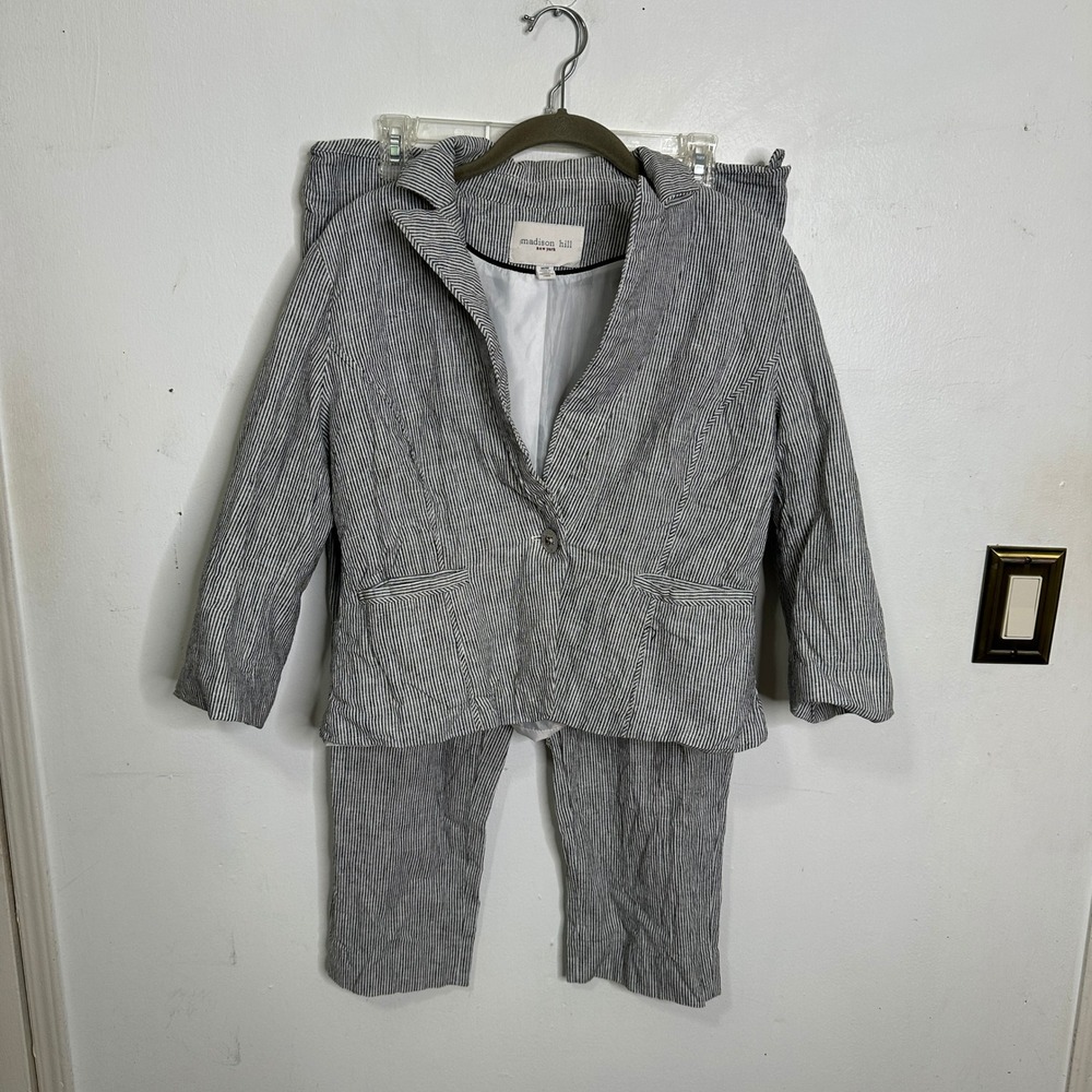 Women's Pinstripe Suit Set Blazer and Cropped Pants‎ Black White M Linen Blend